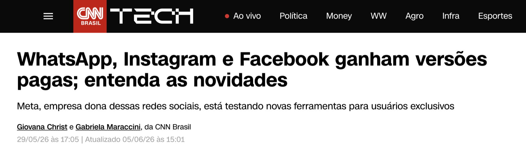 Matéria CNN: WhatsApp, Instagram e Facebook ganham versões pagas