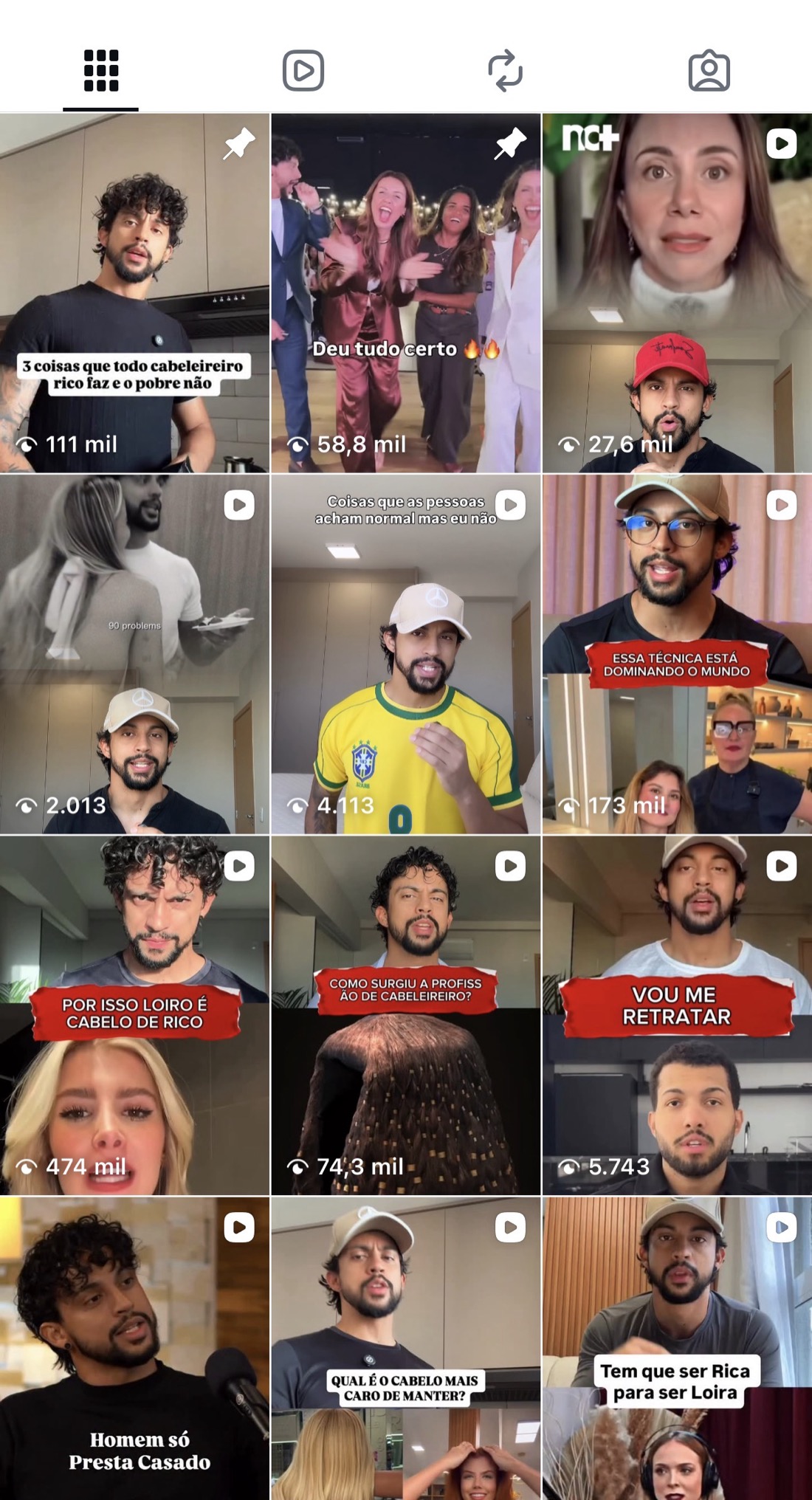 Grid de Reels do Instagram de Jhon Guttyerre com altas visualizações